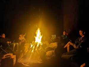 Team around the campfire at night