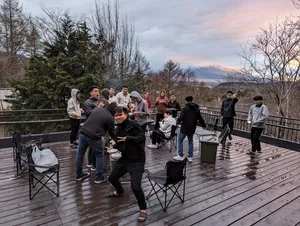 Team BBQ on the deck with Mt. Fuji