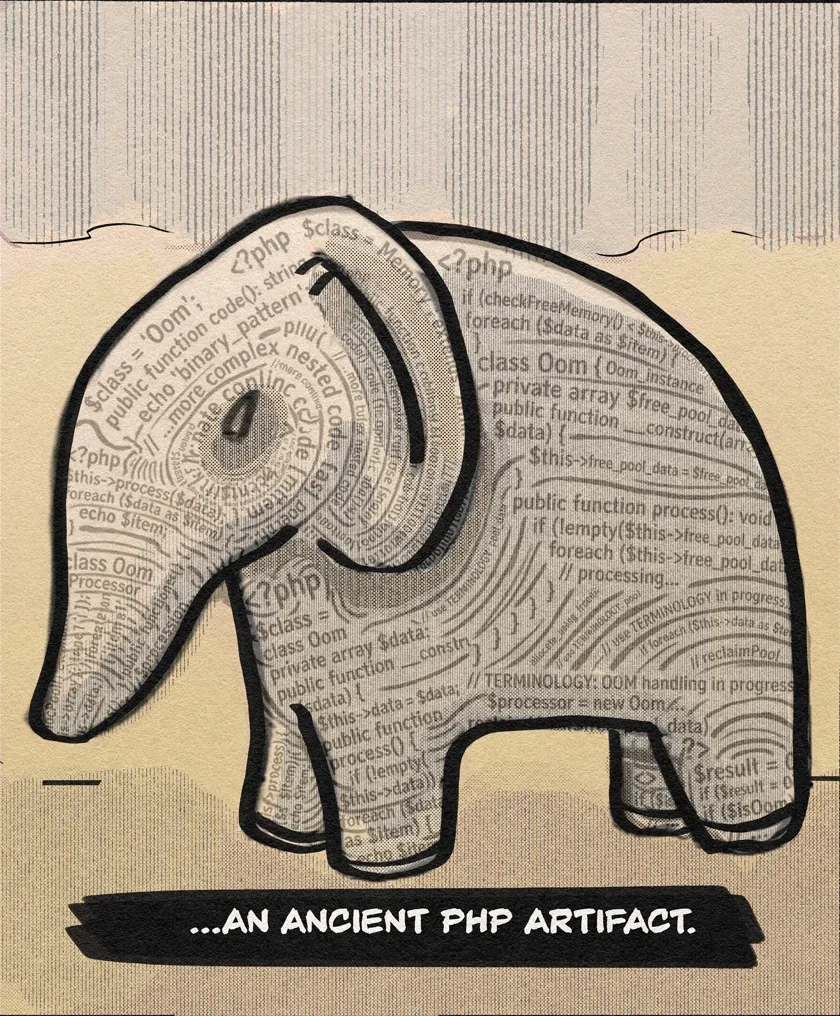 An ancient PHP elephant artifact covered with code.
