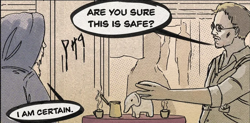 A mysterious figure offers the artifact. Stefan asks, “Are you sure this is safe?” The reply: “I am certain.”