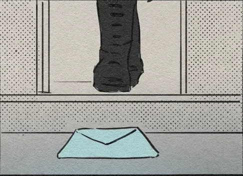 An envelope waits at the doorstep.