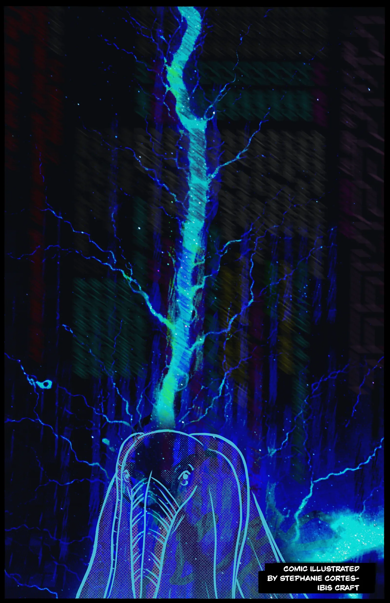 A glowing blue PHP elephant beneath branching blue light. Comic illustrated by Stephanie Cortes — Ibis Craft.