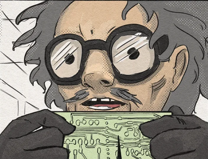 The scientist examines a circuit board through oversized goggles.