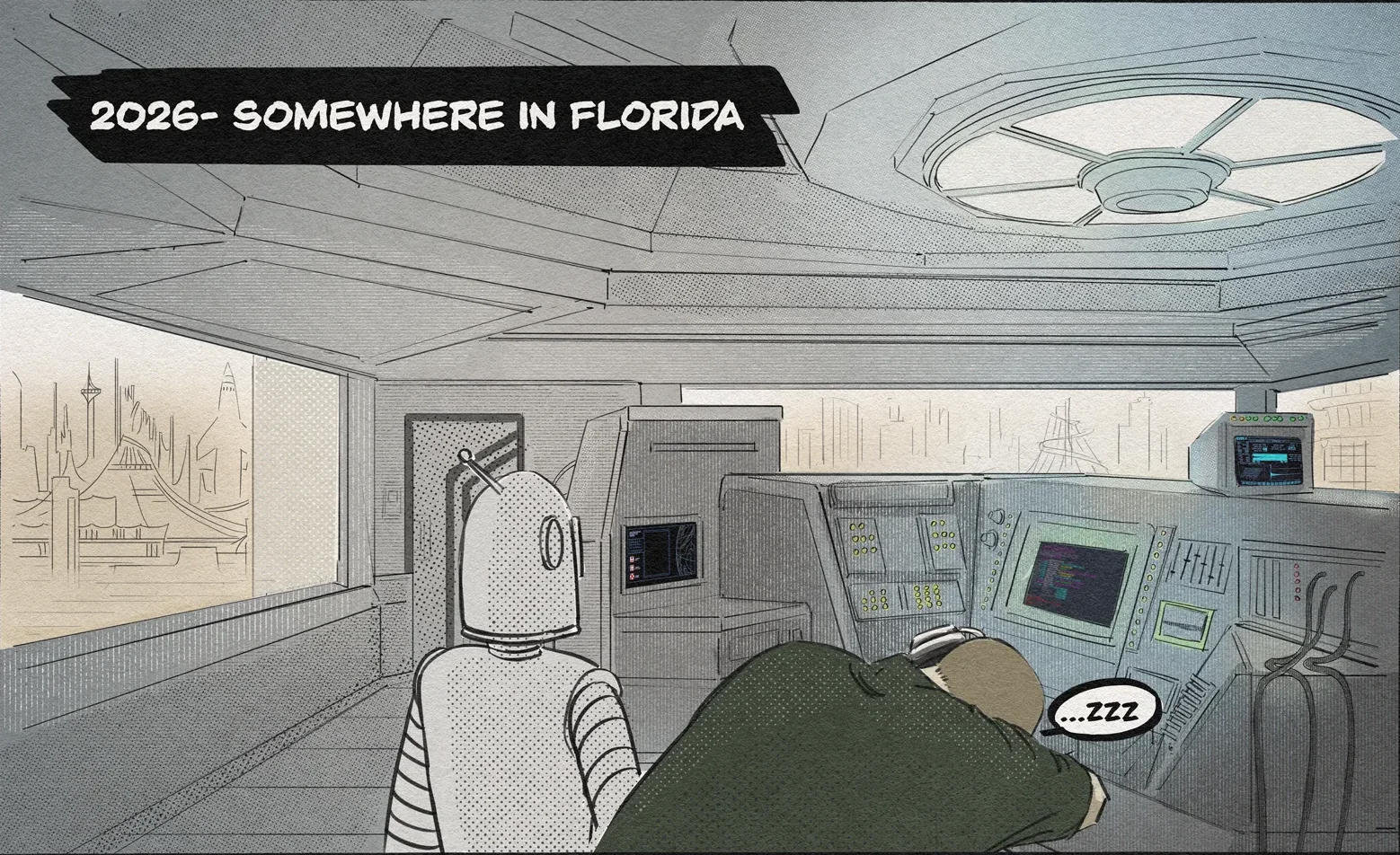 2026, somewhere in Florida. A researcher sleeps at a console beside a robot.
