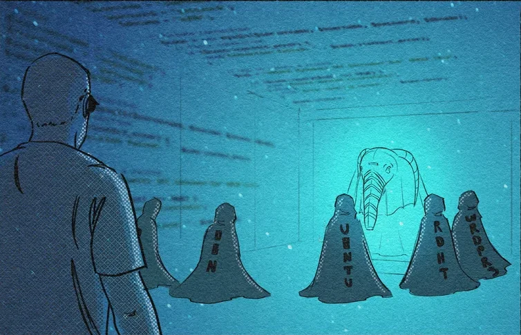 The researcher approaches a council of cloaked figures and a glowing PHP elephant.