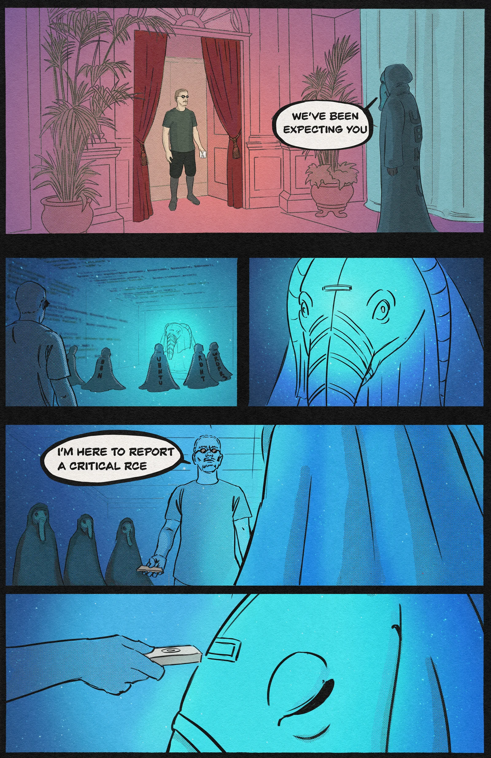 Comic page 5: Reporting a critical PHP RCE.