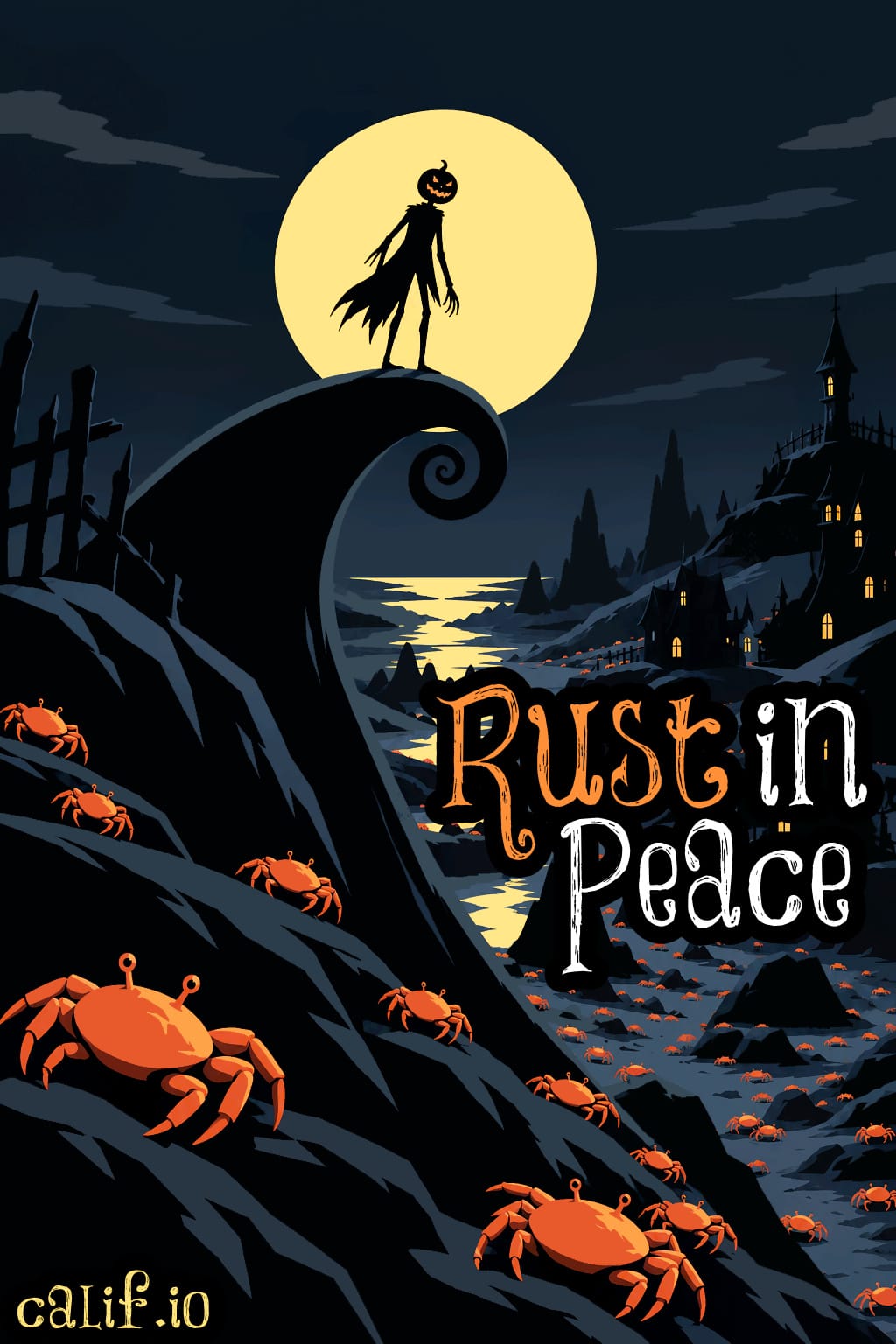 Rust in Peace: orange Rust crabs in a moonlit Halloween landscape.